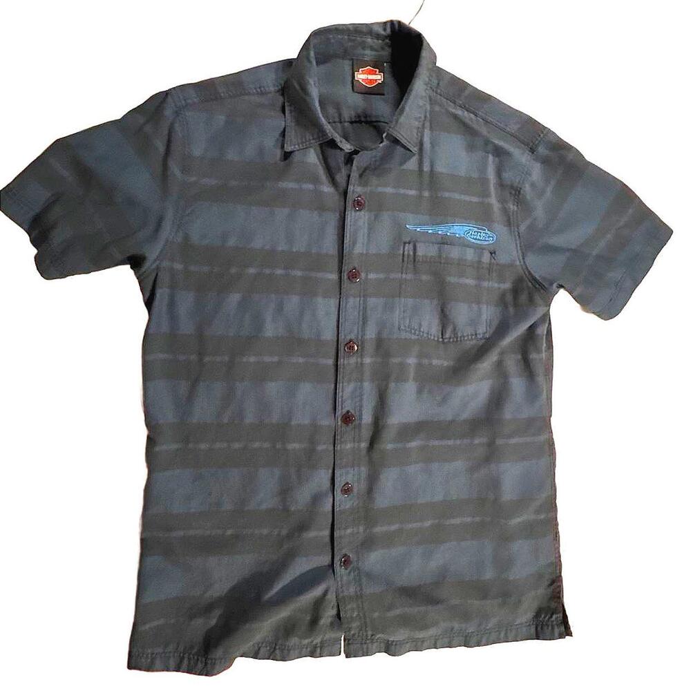 HARLEY Davidson Shirt Men's Medium Blue/Black Button-Up Short Sleeve Logo Garage